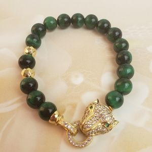 Handmade bracelet green tiger eye & jaguar head